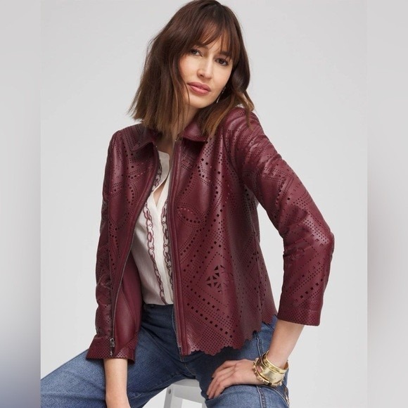 Chico's Jackets & Blazers - Chico's Cutwork Leather Jacket Womens 4 XXL Rich Pomegranate NWT